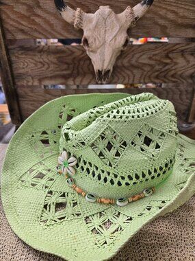 One size Green Woven Cowboy hat with shell detail band
